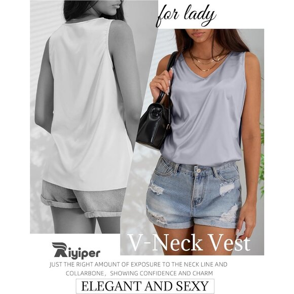 Elegant Women's V Neck Tank Tops in Silk Satin - 3 Pack for Effortless Style - Picture 5 of 6